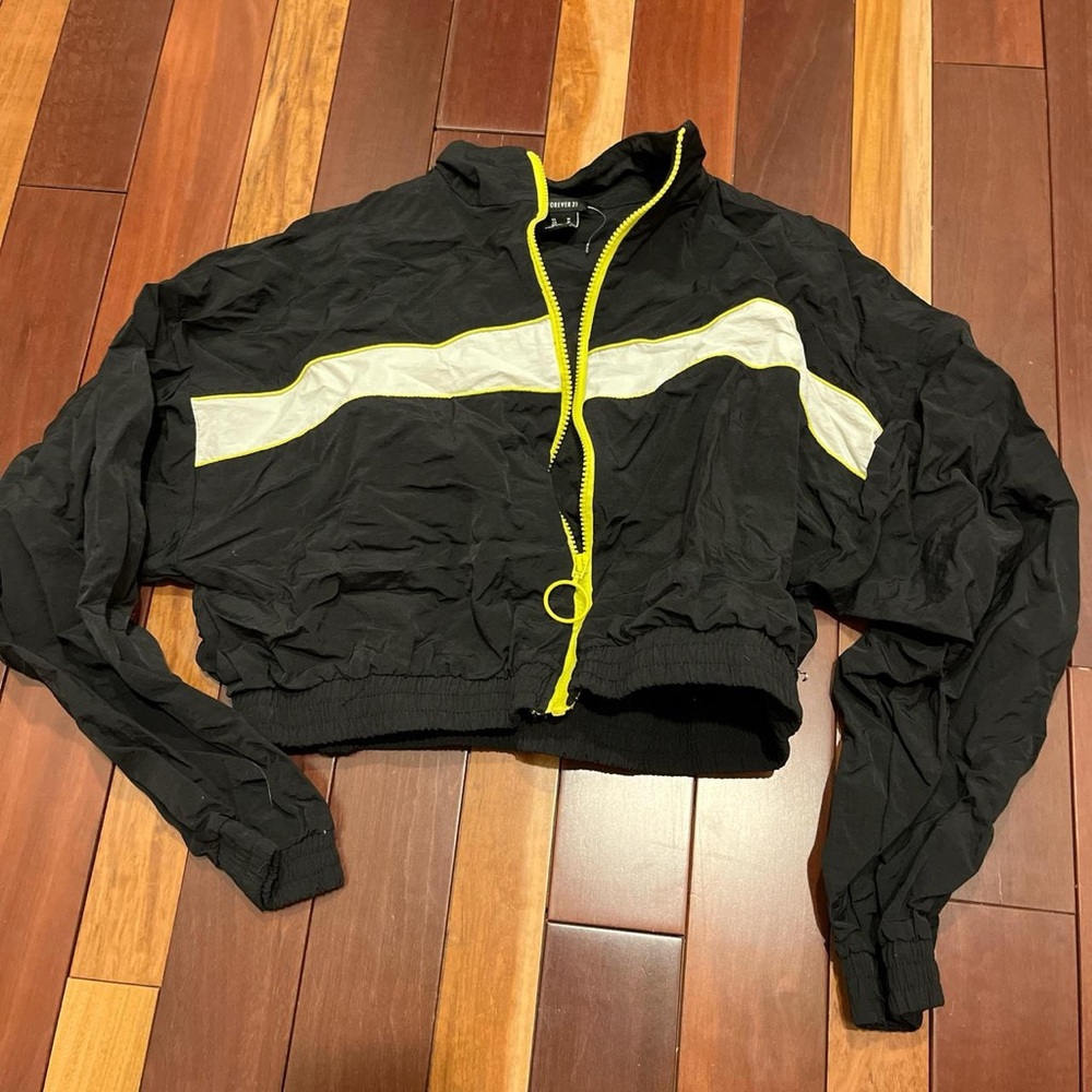 Black Cropped Windbreaker Jacket with Yellow Trim